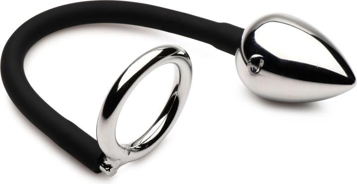 Actual product image Master Series XR Brands - Tug + Plug Cock & Ball Ring with Anal Plug - Black & Silver (5 cm)