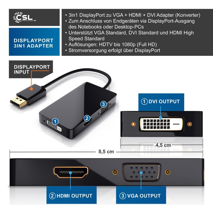 Produktbild CSL 3in1 DisplayPort auf HDMI Adapter, HDMI DVI VGA Video Adapter, 15 cm, Konverter-Kabel, Full HD 1080p (DVI, HDMI, VGA, 10 cm)