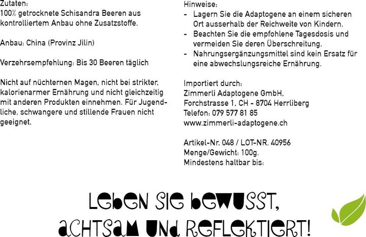 Nährwerte und Zutaten Zimmerli Adaptogene Schisandra Beeren (100 g)