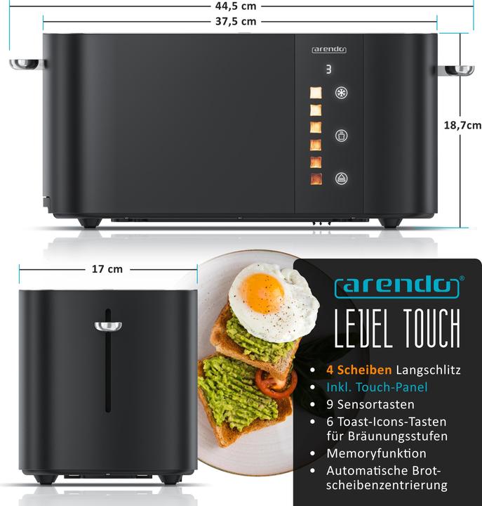 Immagine prodotto Arendo Toaster Edelstahl 4 Scheiben Langschlitz, Restzeit & Bräunungsgradanzeige, Touch Display, 1500 W (Spina UE)