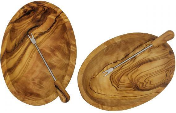 Natura Punto Olivenholz-Set, 1 Schneidebrett 25cm, 2 ovale Schalen 10cm, 2 Gabeln