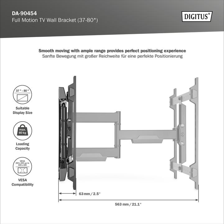 Produktbild Digitus Wandhalterung 600x400 -60kg 37-80"/full motion/neig/schwenk (Wand, 80", 60 kg)
