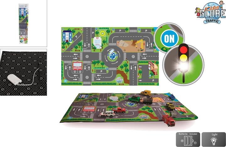 Produktbild Van Manen Veenendaal Kids Globe Spielteppich mit Autos Set (leuchtende Ampeln, Kinder-Teppich mit Feuerwehrauto Polizeiau (120 x 72 cm)