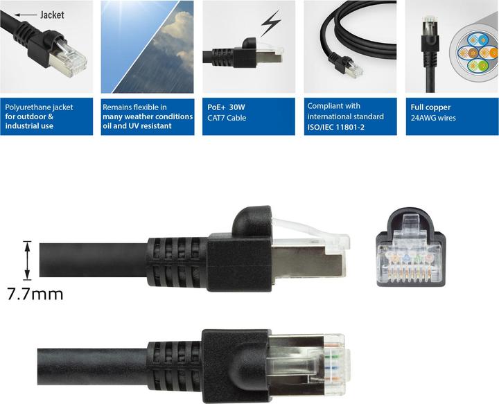Actual product image Black 7 meters S/FTPCat.7 raw cable PUR flex patch cable snagless with RJ45 connectors (CAT6A (S/FTP, CAT7, 7 m)