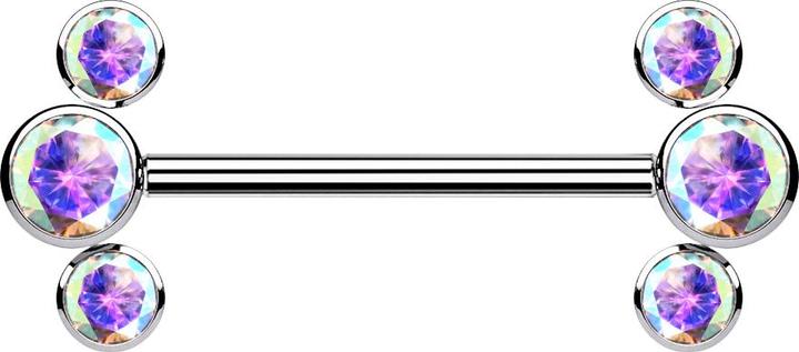 Star Piercing Threadless Barbell silber front drei Kristalle multicolor (Titan G23, ohne Messing)