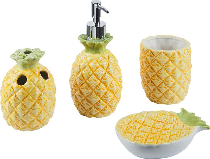 Produktbild Beliani Badezimmer Set 4-teilig Keramik Ananasmotiv gelb MAICAO
