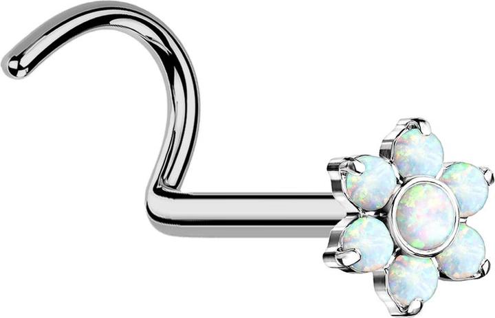 Star Piercing Threadless Nasenstecker gebogen silber Blume Opale weiss (ohne Messing, Titan G23)