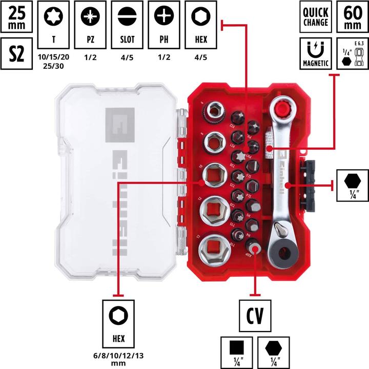 Immagine prodotto Einhell Set di inserti per chiavi a bussola 1/4" (6,3 mm) 21 pezzi 118683 (10 mm, 6 mm, 12 mm, 8 mm, 13 mm)