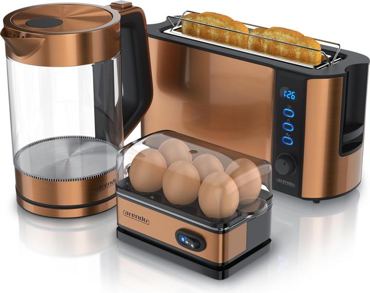 Actual product image Arendo Breakfast set, glass kettle 1.7l 2200W, 2-slice toaster & egg cooker for 6 eggs, copper (1.70 l)