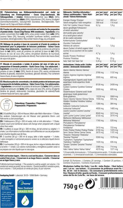 Valeurs nutritives et ingrédients Foodspring Protéine de lactosérum (Noix de coco, 1 pcs, 750 g)