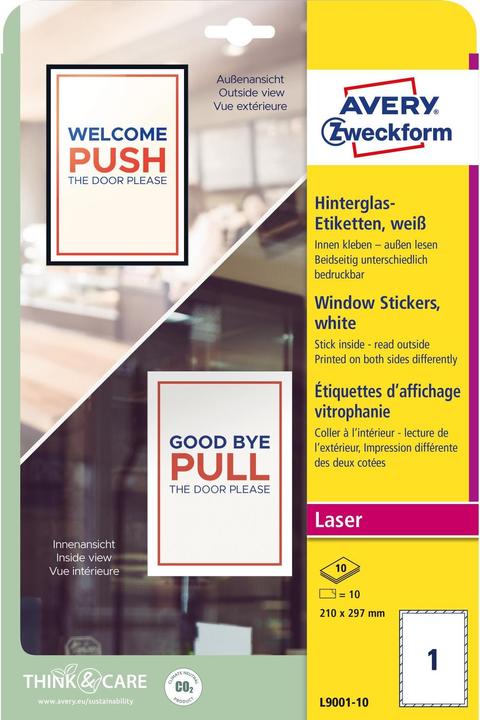 Produktbild Avery Zweckform Hinterglas-Etiketten, 210 x 297 mm, weiss Folien-Etikett für Laserdrucker, wiederablösbar