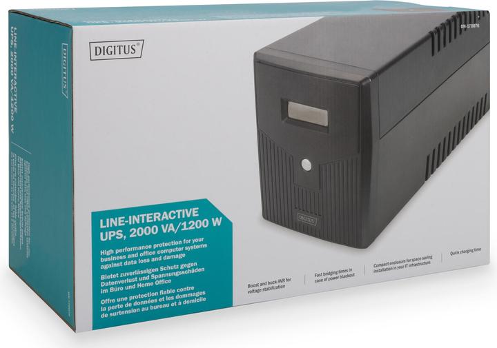 Actual product image Digitus Line Interactive UPS 2000VA/1200W black with LCD 4xSchuko RJ11/RJ45 1xRS232 1xUSB AVR H205xW397x... (2000 VA, 1200 W, Line-interactive UPS)