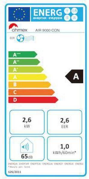 Energie-Label Ohmex Klimagerät Air 9000 (40 m², 9000 BTU/h)