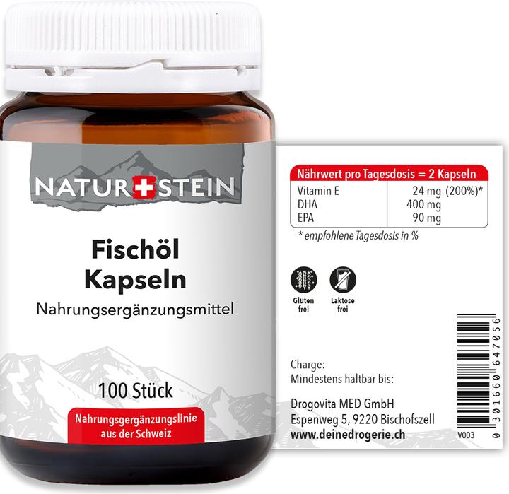 Valeurs nutritives et ingrédients Naturstein Fischöl Kapsel (100 pièce(s), Capsules, 168 g)