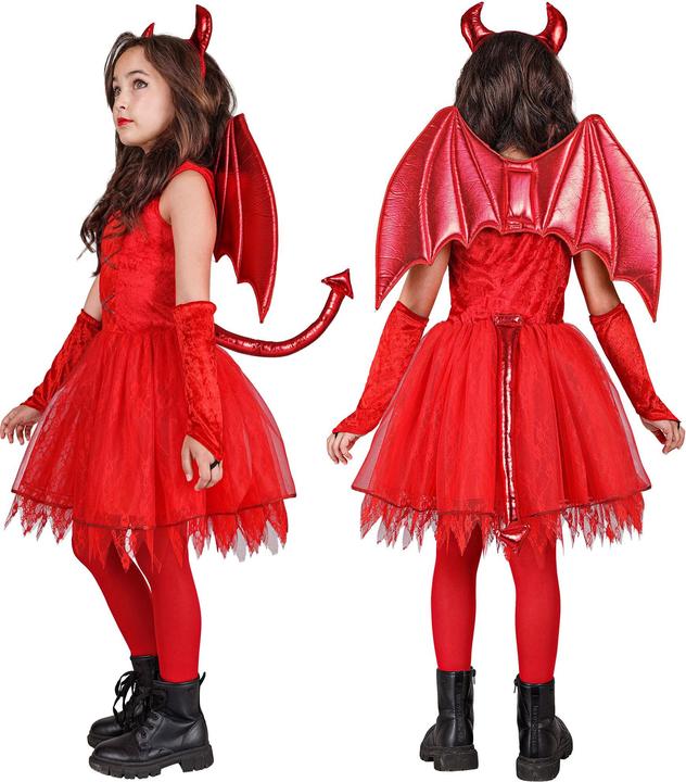 Produktbild Widmann Teufel Kinderkostüm Kleid, Schwanz, Hörner, fingerlose Handschuhe (158)