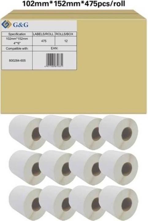 Actual product image Labels Roll 102 x 152mm Paper White 12 Rolls Permanent RL-P-P1011-102*152*475-BK/WT Univer