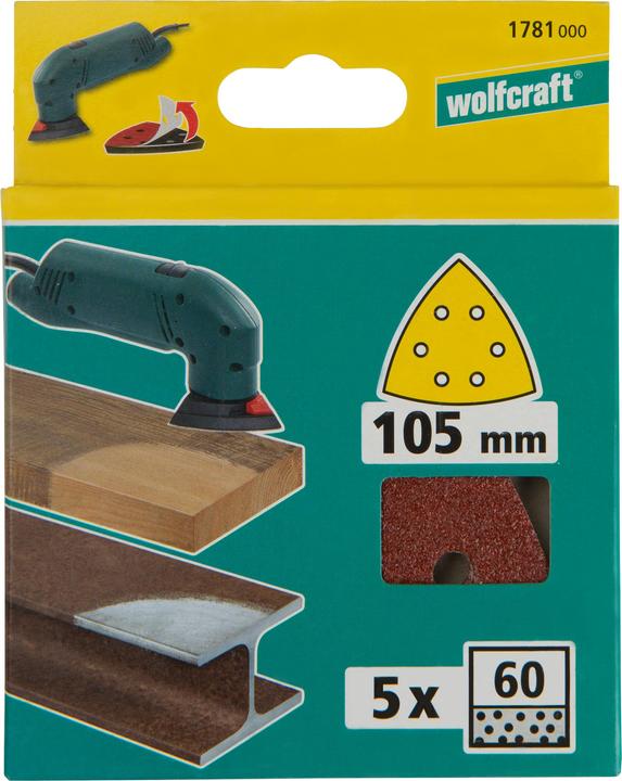 Actual product image wolfcraft wolfcraft 5 adhesive sanding sheets Aluminium oxide K40 Delta 105mm (40)