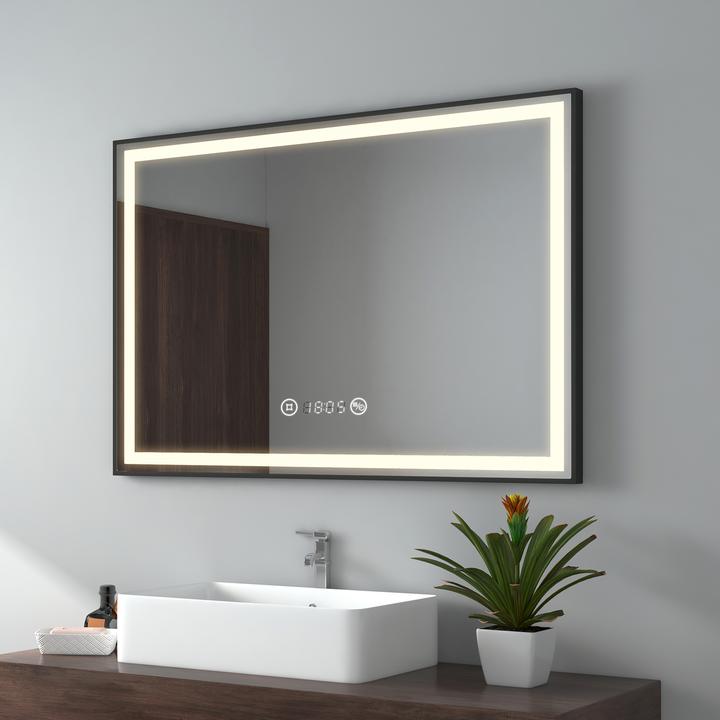 Produktbild Emke Badspiegel mit Beleuchtung 100*70cm,Beschlagfrei, Temperatur und Uhr Kaltweiss(6500K), Dimmbar (100 x 70 cm)