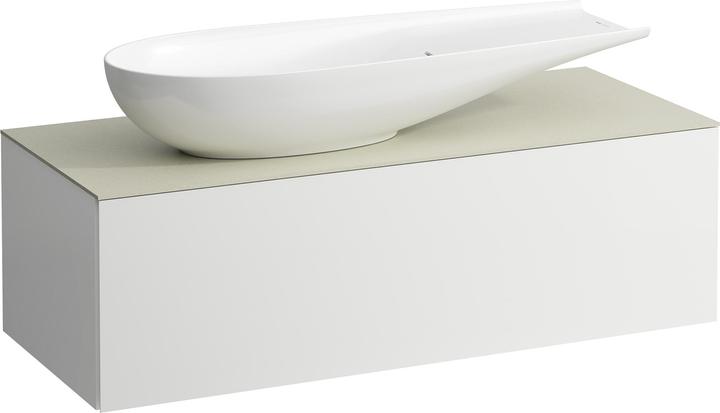Actual product image Laufen Il Bagno Alessi drawer unit, 1 tap hole, stone top Calce Avorio, cutout left, 120x50x37cm, to