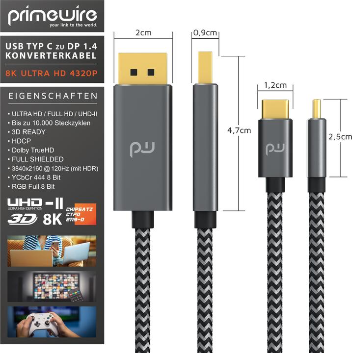 Image du produit Primewire USB type C - DisplayPort (1 m, DisplayPort, USB Type C)