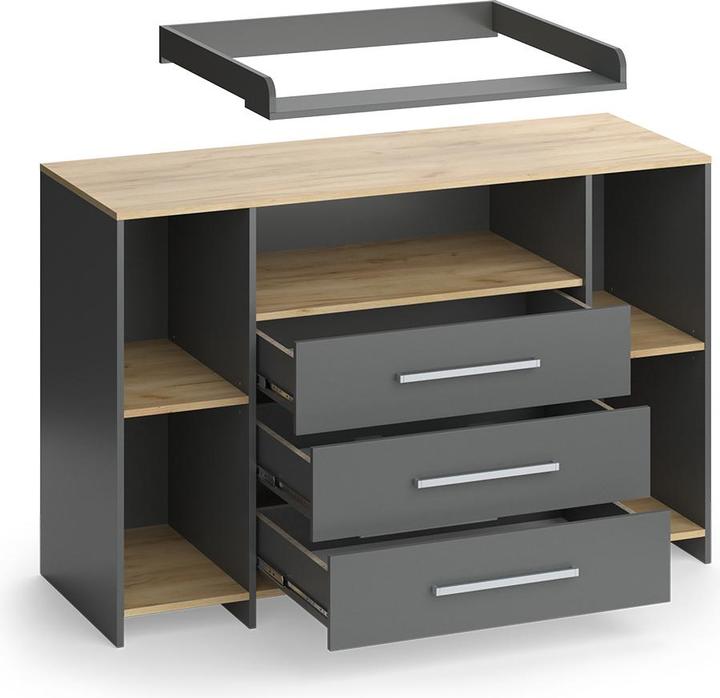 Produktbild Vichy Wickelkommode Oskar, Anthrazit/Goldkraft Eiche, 143.2 x 93 cm mit 3 Schubladen