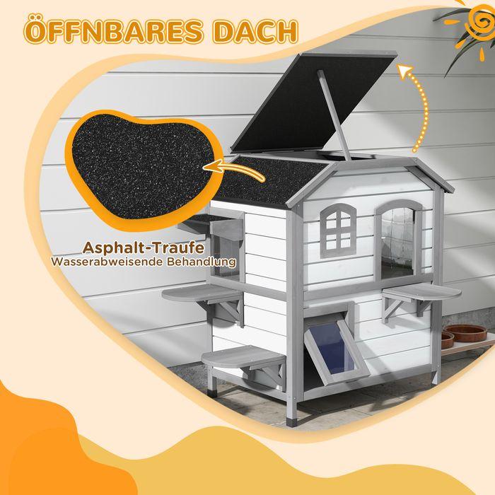 Actual product image Swisshandel24 Cat house Cat hut Cat cave, 2 floors, weatherproof, 78.1cmx55.2cmx90.8cm, white + grey (Cat)