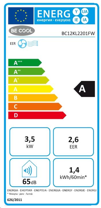 Label énergétique Be Cool BC12KL2201FW Climatiseur 9.000 BTU (105 m², 11942.50 BTU/h)