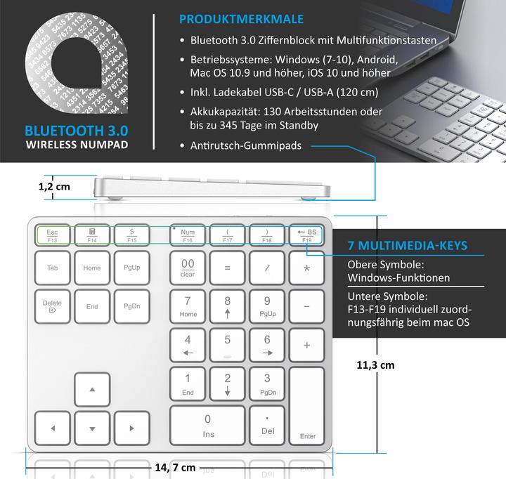 Actual product image Aplic Bluetooth numpad, wireless numeric keypad with multifunction keys, aluminium keypad, 35 keys, BT3.0 (DE, Wireless)