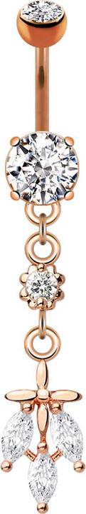 Immagine prodotto Star Piercing Banana in oro rosa con due sfere di cristallo e ciondolo in argento con tre foglie di cristallo (Acciaio chirurgico 316L, Ottone)