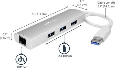 Produktbild StarTech 3 Port mobiler USB 3.0 Hub plus Gigabit Ethernet - Aluminium USB Hub mit Gigabit Ethernet Adapter (USB-A, 4 Ports)