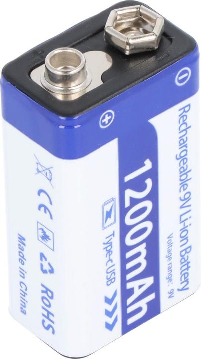 Produktbild AccuCell 9V Akkublock mit USB-C Ladeanschluss, Li-ion, 7,4V, 1200mAh, 8,1 Wh (1 Stk., 1200 mAh, Akku)