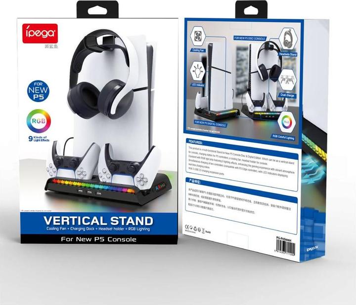 Immagine prodotto - iPega P5S006 Supporto di ricarica RGB multifunzionale con raffreddamento per PS5 Slim Nero (PS5)