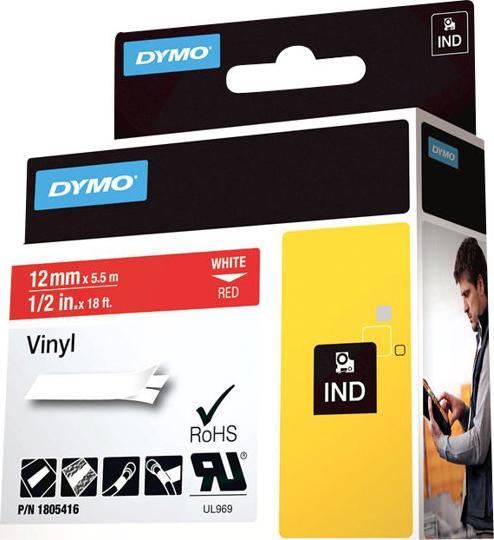 Produktbild Dymo Rhino 12mm weiß auf rot Vinyl (1.20 cm, Rot)