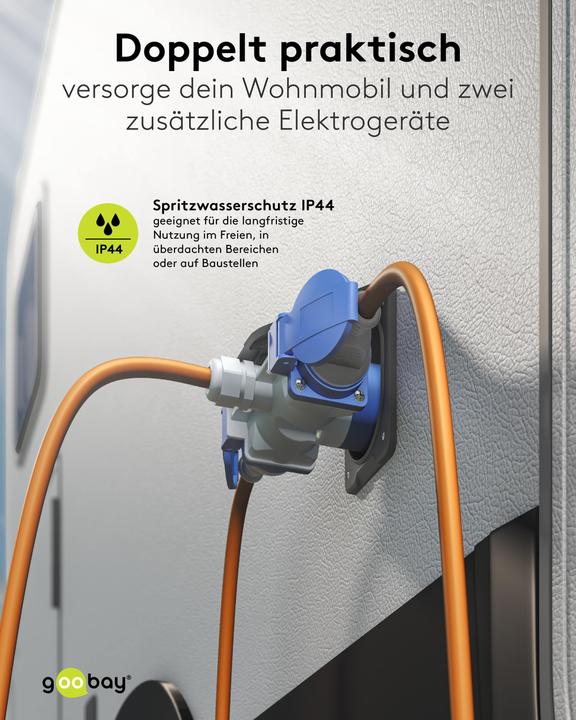 Produktbild Goobay CEE-Adapterleitung, CEE-Stecker auf 1x CEE-Kupplung und 2x Schutzkontakt-Kupplung, 10 m (10 m, CEE 7/3)