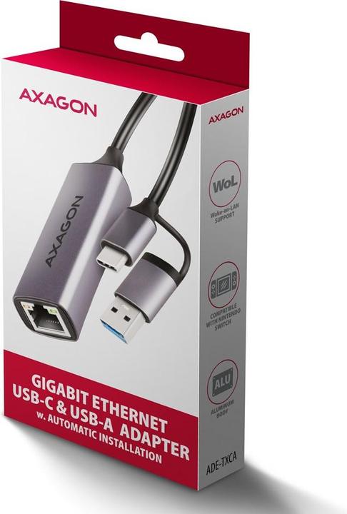 Productafbeelding Axagon ADE-TXCA, USB-C + USB-A 3.2 Gen 1 - Gigabit Ethernet s????ov?? karta, Asix AX88179, automatisch (USB-C, USB, RJ45/LAN (1x))
