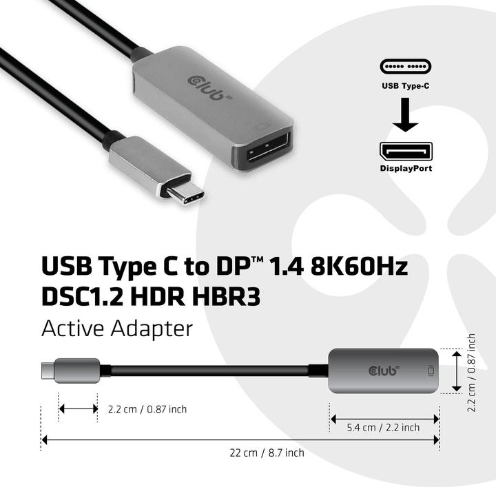 Actual product image Club 3D Adapter USB Type C - DisplayPort 1.4 (DP, 22 cm)