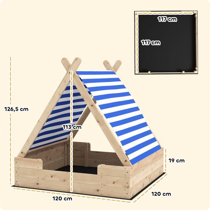 Immagine prodotto Swisshandel24 Sandkasten mit Zeltdach, 120 x 120 cm Sandkiste aus Holz mit Bodenplane Natur