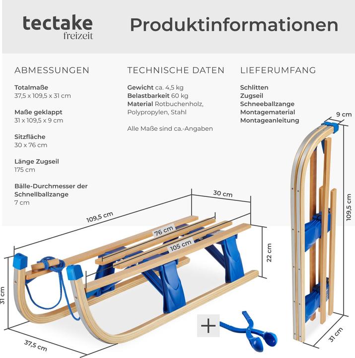 Actual product image tectake Folding wooden sled Jeffrey with pull rope, snowball tongs
