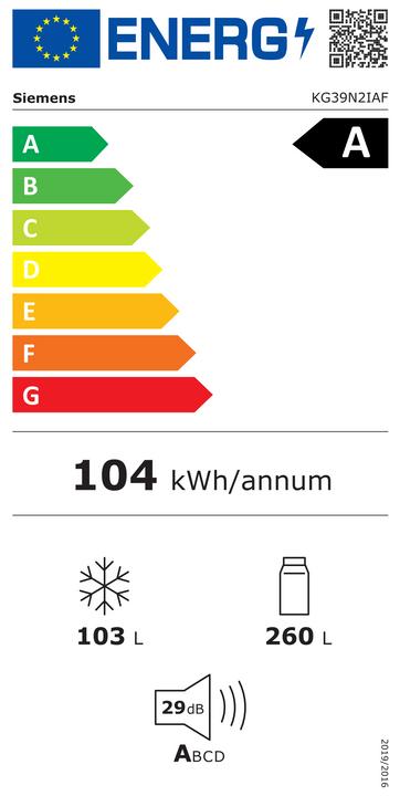 Energie-Label Siemens iQ300, Freistehende Kühl-Gefrier-Kombination mit Gefrierbereich unten, 203 x 60 cm, Edelstahl antiFi (363 l)