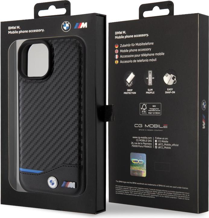 Image du produit BMW Coque M effet carbone et cuir avec logo métallique en relief (Apple iPhone 15 Plus)