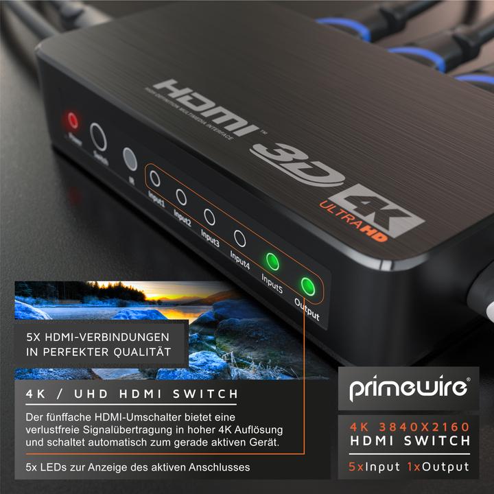 Image du produit Primewire Commutateur HDMI 2.0, commutateur HDMI Ultra HD 4K à 5 ports avec télécommande, répartiteur 5x