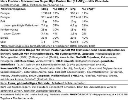 Nutritional values and ingredients Snickers Hi Protein Low Sugar Bar (12 pcs., 684 g)