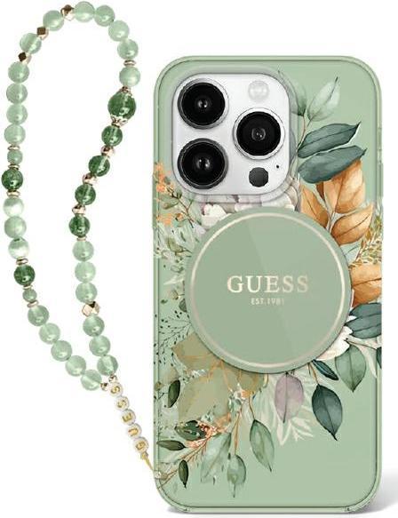Actual product image Guess GUHMP16MHFWBRCESN iPhone 16 Plus 6.7" zielony/green hardcase IML Flowers With Pearl Strap MagS