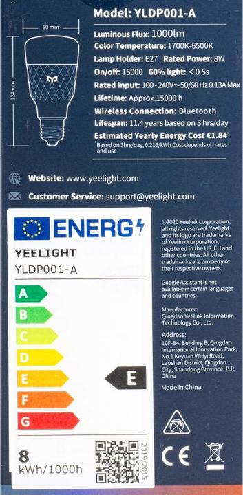 Energie-Label Yeelight Smart Lampe (E27, 8 W, 1000 lm, 1 x, E)