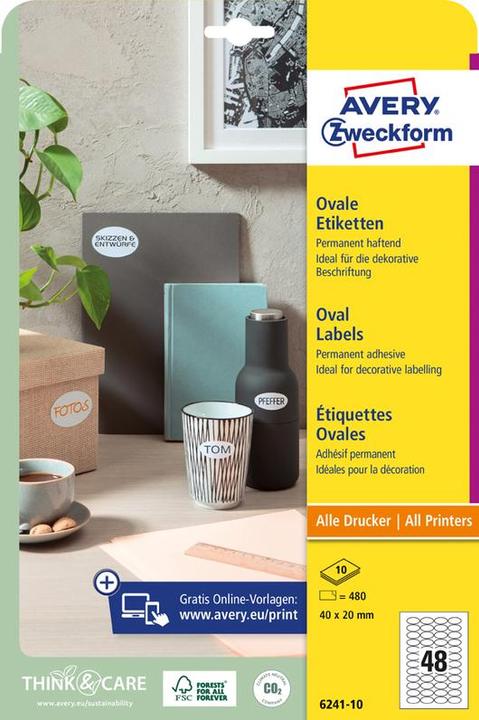 Produktbild Avery Zweckform Kennzeichnungs-Etiketten, oval, 40 x 20 mm weiss, dauerhaft haftend, Papier unbeschichtet