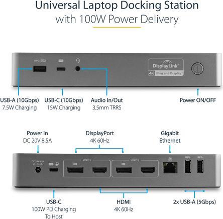 Immagine prodotto StarTech .com Universal Laptop Docking Station USB-C e USB 3.0 2x4K 100W PD (Porta di attracco (proprietaria), 3 Porti)
