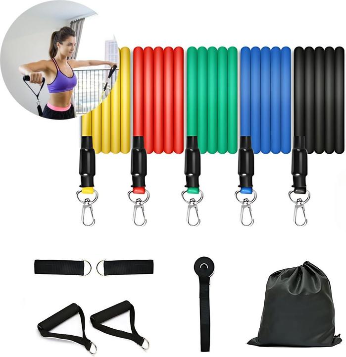 Hermex 11-piece set Resistance band Fitness band Training band Resistance band (1.34 m, Strong, Easy, Medium, Extra strength)
