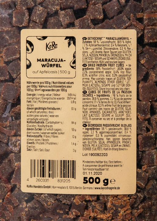 Nährwerte und Zutaten KoRo Passionsfrucht-Apfel-Zubereitung (500 g)