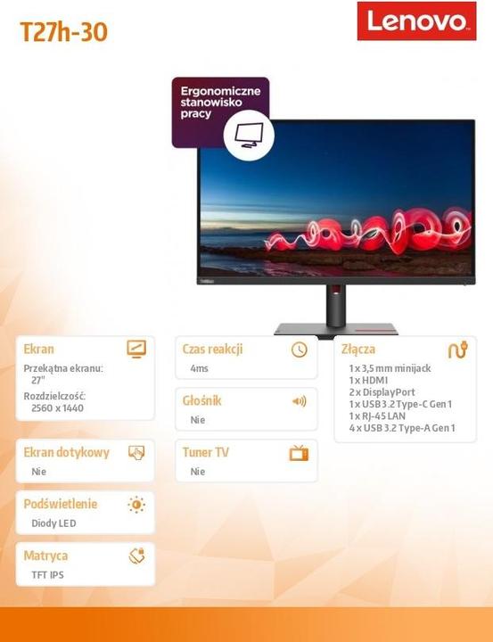 Actual product image Lenovo ThinkVision T27h-30 (2560 x 1440 pixels, 27")