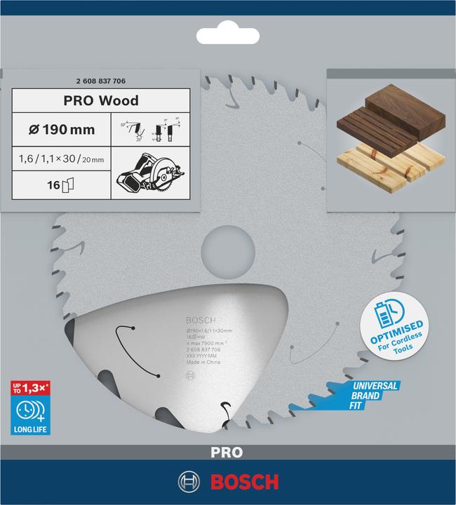 Immagine prodotto Bosch Professional Zubehör Lama per sega circolare a batteria PRO Wood, 190 x 1,6 x 30 mm